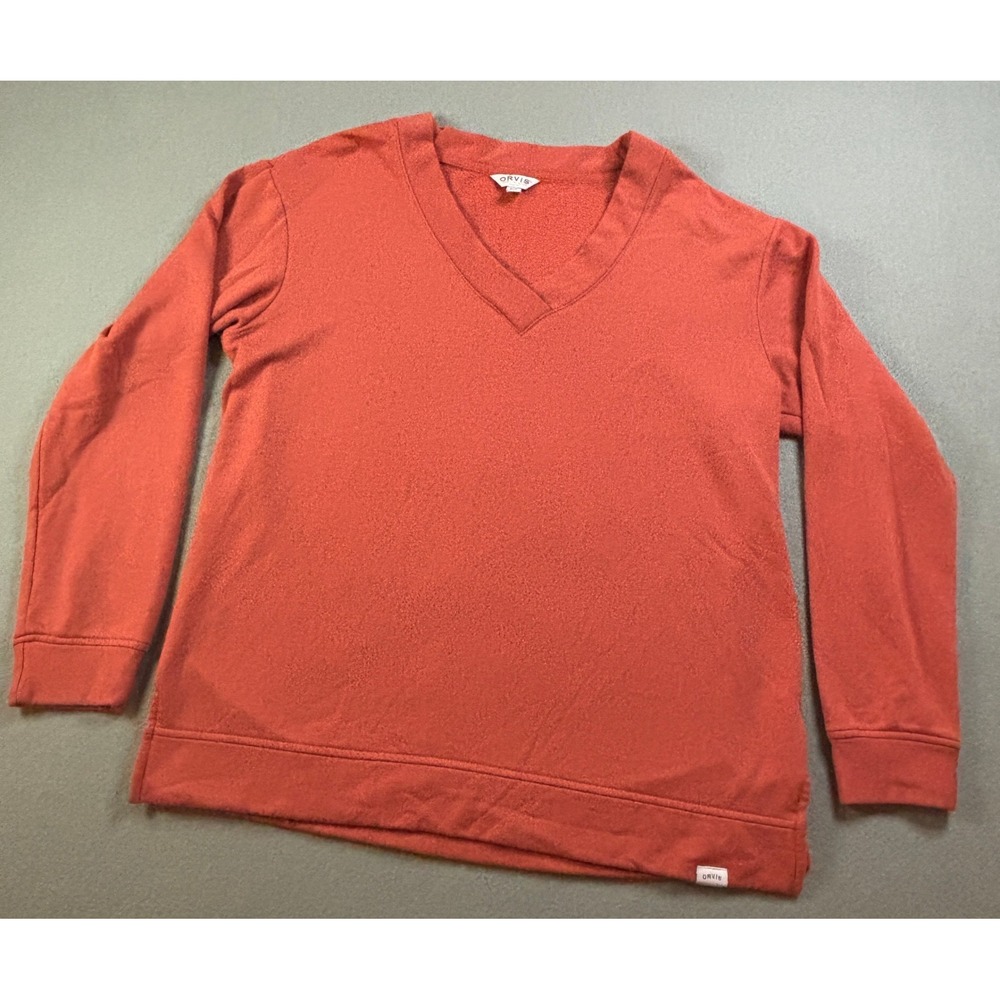 Orvis V-Neck Sweatshirt Womens M Orange Modal Blend Long Sleeve Pullover Casual